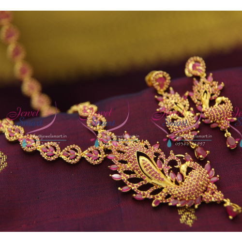 NL2396 South Indian Traditional Ruby Long Haram Peacock Design Wedding Fashion Jewellery