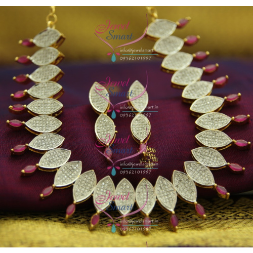 NL2442 American Diamond Trendy Eye Shape White Ruby Fancy Jewellery Necklace Set Online