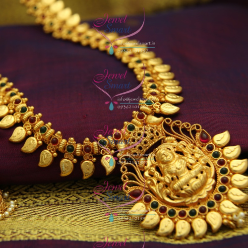 NL2456 Reddish Yellow Gold South Indian Traditional Haram Mango Leaf Temple Kempu Jewellery Long Necklace Jhumka Online