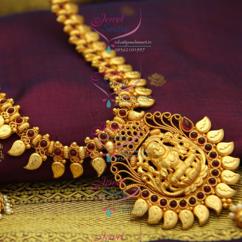 NL2457 Reddish Yellow Gold South Indian Traditional Haram Jhumka Mango Leaf Temple Kempu Jewellery Long Necklace Online