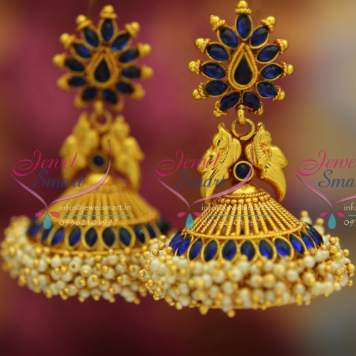 J2602 Sapphire Blue Traditional South Indian Jewellery Big Broad Jhumka Red Gold