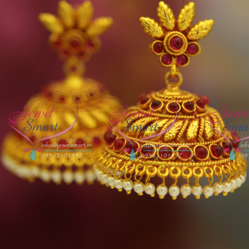 J2605 Leaf Design Kempu Temple Traditional South Indian Jewellery Big Broad Jhumka Red Gold