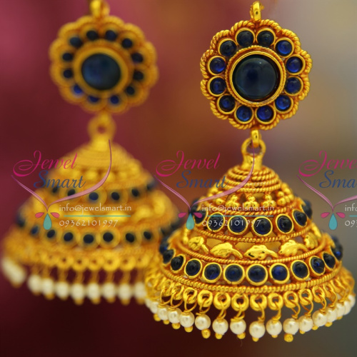 J2608 Sapphire Blue Temple Traditional South Indian Jewellery Big Broad Jhumka Red Gold