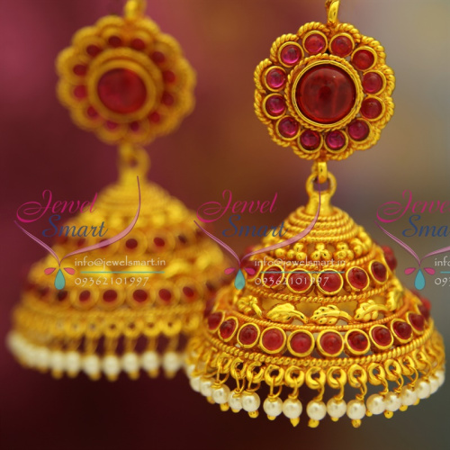 J2609 Kempu Temple Traditional South Indian Jewellery Big Broad Jhumka Red Gold