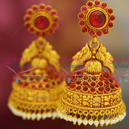 J2610 Kempu Temple Traditional South Indian Jewellery Big Broad Jhumka Red Gold