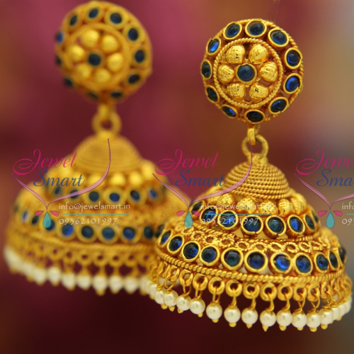J2611 Sapphire Kempu Temple Traditional South Indian Jewellery Big Broad Jhumka Red Gold