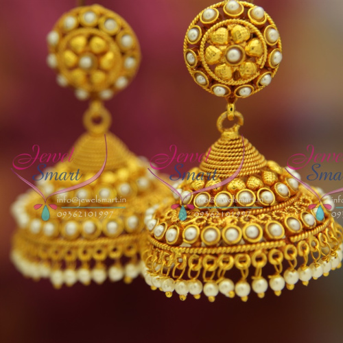 J2612 Pearl Traditional South Indian Jewellery Big Broad Jhumka Red Gold