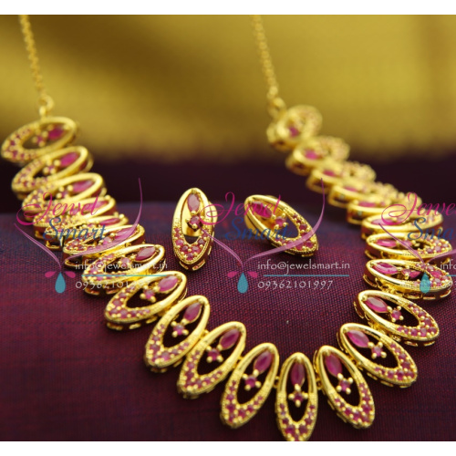 NL2654 Gold Plated Ruby Stones Oval Design Necklace Earrings Party Wear