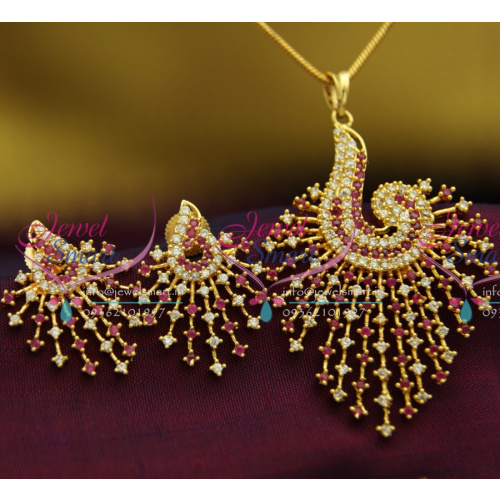 PS2665 AD Ruby White Stones Peacock Design Fancy Jewellery Pendant Set Gold Finish Buy Online