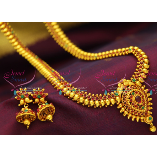 NL2703 Traditional Mango Haram Design Red Gold Plated Necklace Haram Set With Synthetic Spinel Ruby Stones