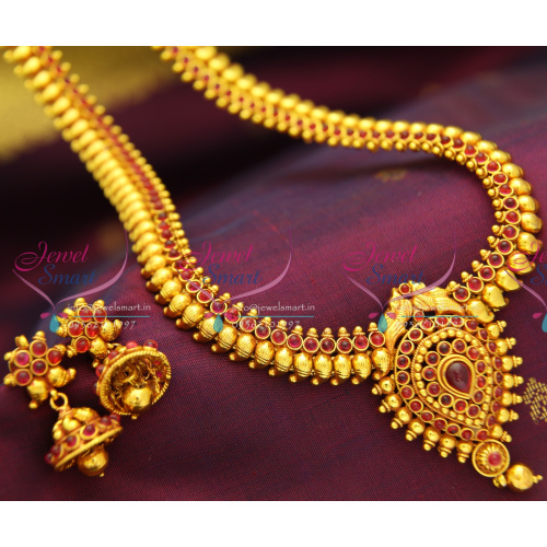 NL1156 Traditional Mango Haram Design Red Gold Plated Necklace Haram Set With Synthetic Spinel Ruby Stones