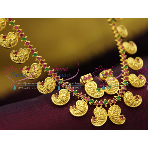 NL2707 Laxmi God Engraved Mango Design Ruby Stones Traditional Gold Jewellery Style Necklace Set