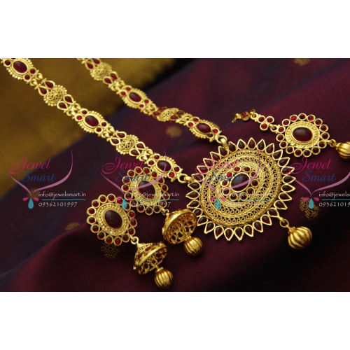 NL1464 Light Gold Plated Delicate Handwork Temple Kempu Spinel Ruby Traditional Jewellery Set