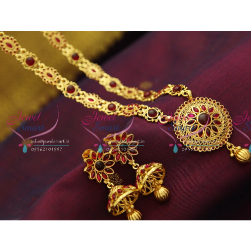 K0356 Light Gold Plated Delicate Handwork Temple Kempu Spinel Ruby Traditional Jewellery Set