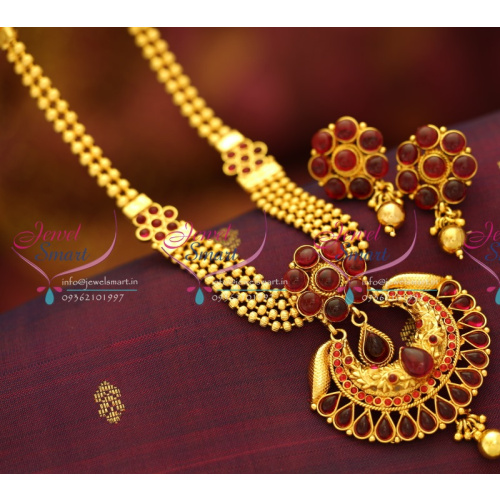 NL2015 Multi Strand Beaded Kempu Temple South Jewellery Necklace Set Online Fashion