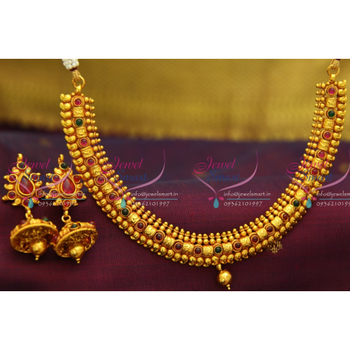 NL2779 Red Gold Plated Temple Kemp Mango Beads Design Jewellery Traditional Necklace Set
