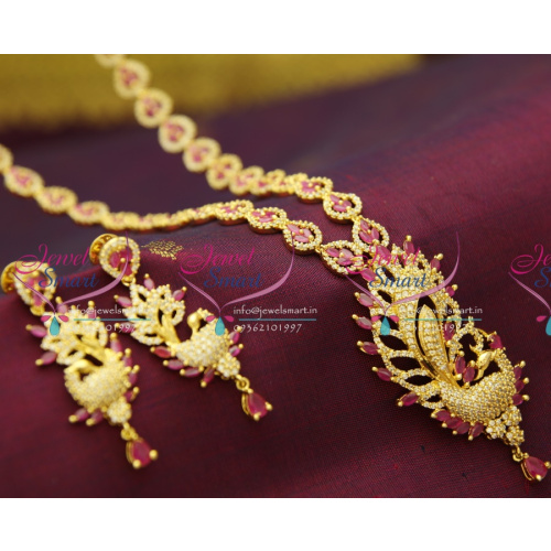 NL1685 South Indian Traditional CZ Ruby Long Haram Peacock Design Wedding Fashion Jewellery