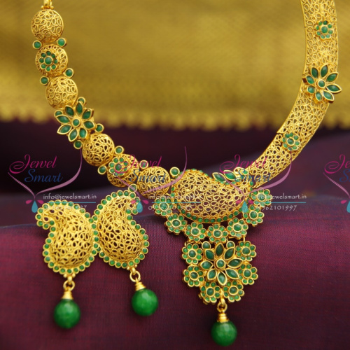 Gold Like Delicate Necklace Intricate Work Synthetic Ruby Emerald or Pearl Stones