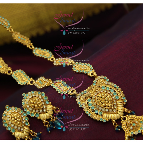 NL2848 Antique Style Medium Necklace Gold Blue Stones Combination Haram Low Price