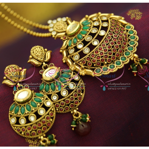 PS2862 Kundan Finish Antique Gold Plated Ball Chain 16 Inch Pendant Set Online Offer