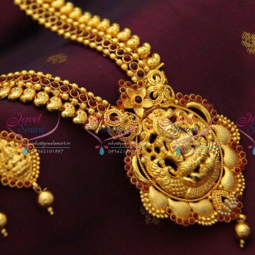 NL1633 Temple Mango Laxmi Pendant Long Haram Kempu Indian Traditional Haram Jewellery Online