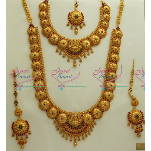 DS0096 Exclusive Indian Traditional Grand Temple Laxmi God Wedding Jewellery Kempu Stones Antique Gold Plated