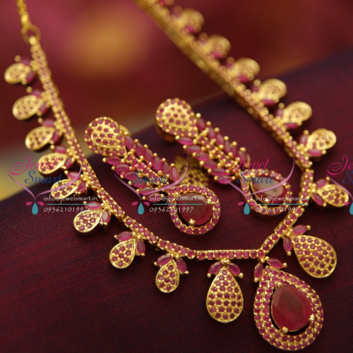 NL2944 Delicate Thin Ruby Stones Gold Plated Necklace Set Simple Design