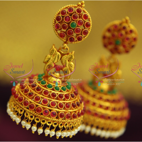 ER1309 Kempu Temple Traditional South Indian Jewellery Big Broad Jhumka Red Gold