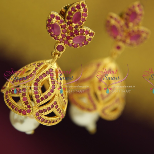 J1428 Ruby CZ Pearl Drops Gold Design Plated Finish Delicate Jhumka Online