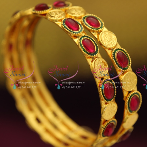 B2994 2.8 Size Gold Plated Laxmi Coin Kemp Stones Temple Jewellery Matching Bangles Collection 