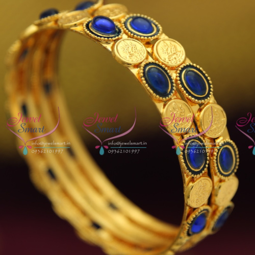 B2995 2.4 Size Gold Plated Laxmi Coin Kemp Stones Temple Jewellery Matching Bangles Collection 