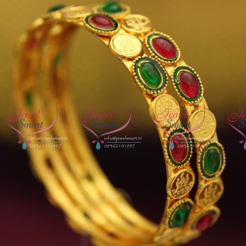 B2996 2.6 Size Gold Plated Laxmi Coin Kemp Stones Temple Jewellery Matching Bangles Collection 