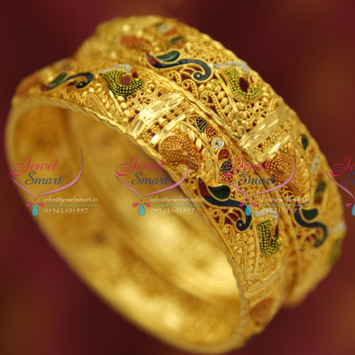 B5300S 2.4 Size Gold Plated Delicate Meena Broad Peacock Bangles Online