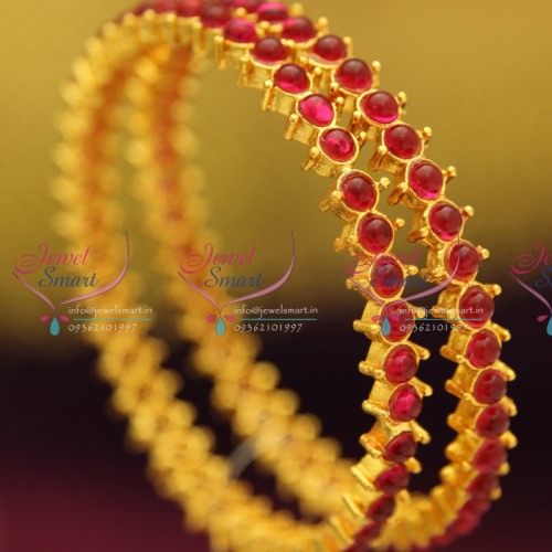 B3000 2.8 Size Gold Plated Kempu Ruby Stones Temple Jewellery Matching Bangles Collection 