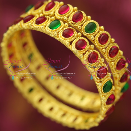 B3056S 2.4 Size Temple South Traditional Handmade Broad Kemp Bangles Gold Plated Jewellery