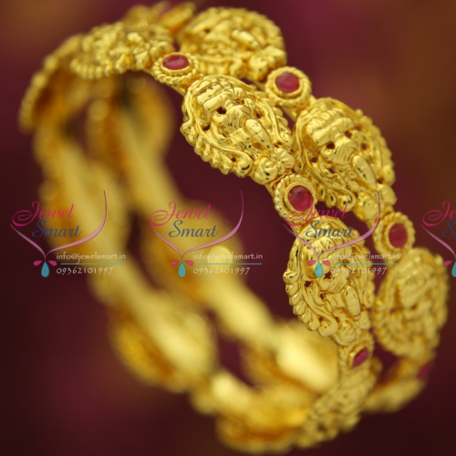 B3059M 2.6 Size Temple Laxmi Traditional Nakshi Handmade Broad Kemp Bangles Gold Plated Jewellery