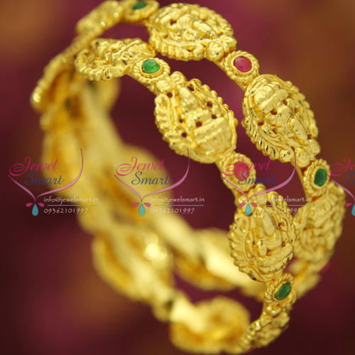 B3060S 2.4 Size Temple Laxmi Traditional Nakshi Handmade Broad Kemp Bangles Gold Plated Jewellery
