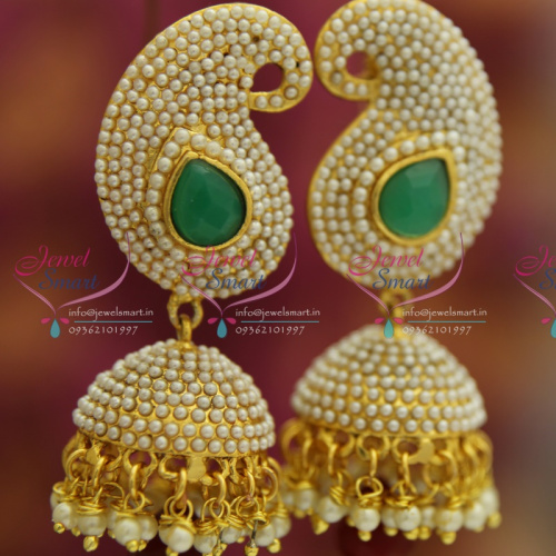 E4227 Exclusive Synthetic Rice Pearl Mango Jhumka Light Gold Plated Fancy Earrings