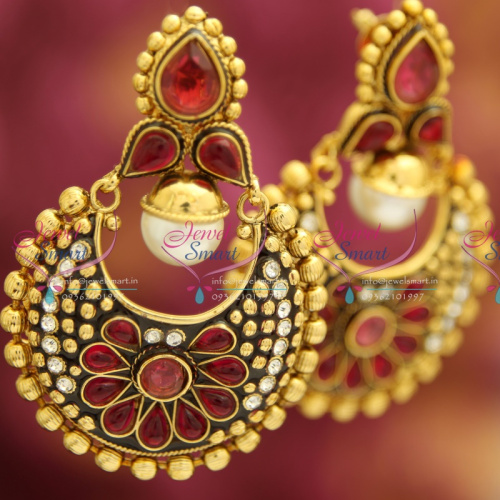 E0182 Big Broad Party Wear Handmade Antique Gold Plated Earrings Synthetic Stones