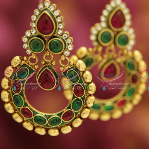 E0177 Big Broad Party Wear Handmade Antique Gold Plated Earrings Synthetic Stones