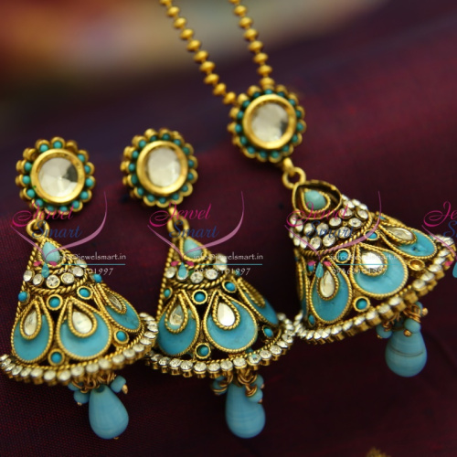 PS1332 Kundan Finish Antique Bell Design Gold Plated Ball Chain 16 Inch Pendant Set Online Offer