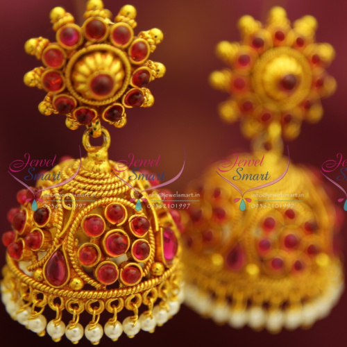 E4218 Red Gold Plated Broad Beads Design Pearl Hangings Jhumka Earrings Buy Jewellery Online