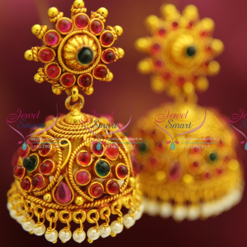 E4219 Red Gold Plated Broad Beads Design Pearl Hangings Jhumka Earrings Buy Jewellery Online