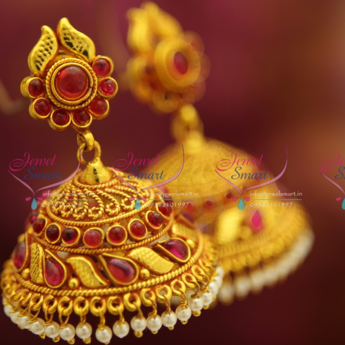 E4225 Kemp Style Red Gold Plated Broad Design Pearl Hangings Jhumka Earrings Buy Jewellery Online