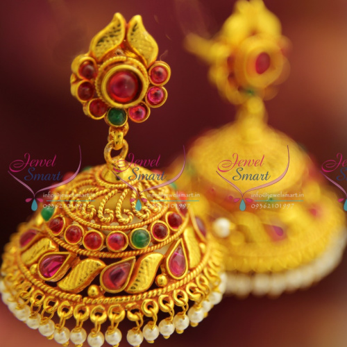 E4226 Kemp Style Red Gold Plated Broad Design Pearl Hangings Jhumka Earrings Buy Jewellery Online