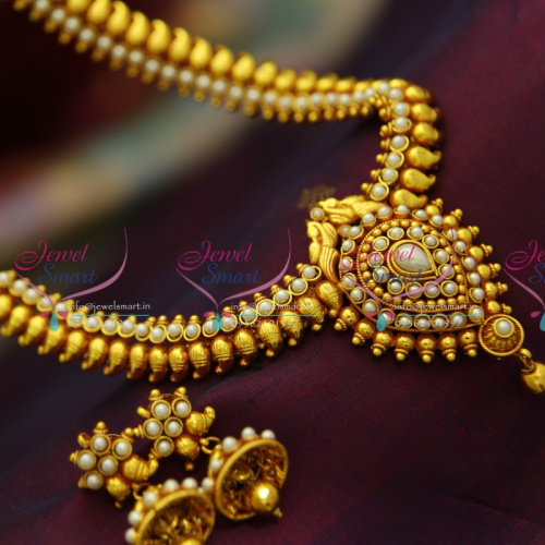 NL3131 Red Gold Plated Mango Pearl Haram Traditional Look Necklace Set Online