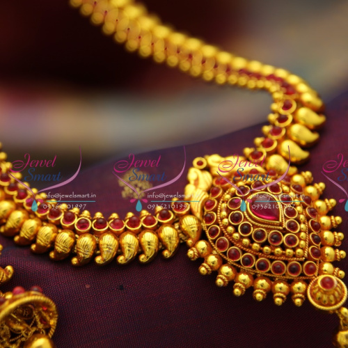 NL3148 Red Gold Plated Mango Pearl Haram Traditional Look Necklace Set Online