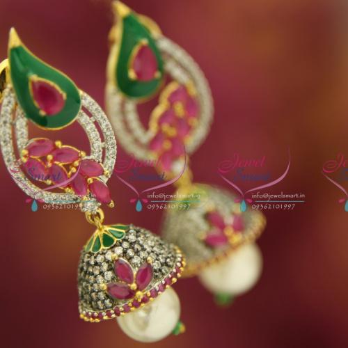 J0913 Peacock Meena Enamel Work Jhumka CZ Stones Pearl Drops Lowest Price 