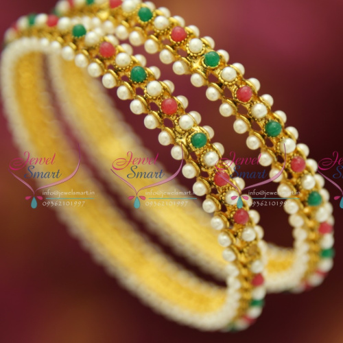B3185S 2.4 Size Synthetic Pearl Bangles Antique High Gold Plating Fancy Low Price Jewellery
