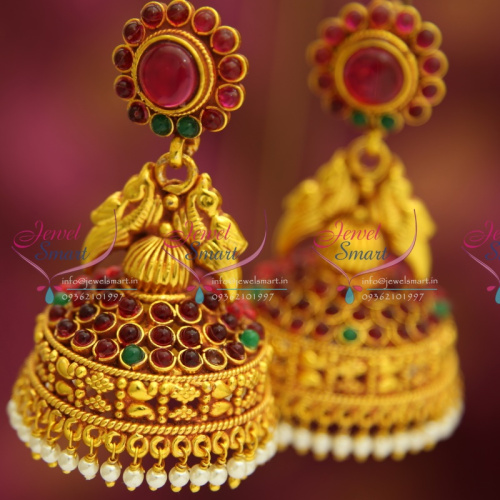 J3193 Kempu Temple Traditional South Indian Jewellery Big Broad Jhumka Red Gold